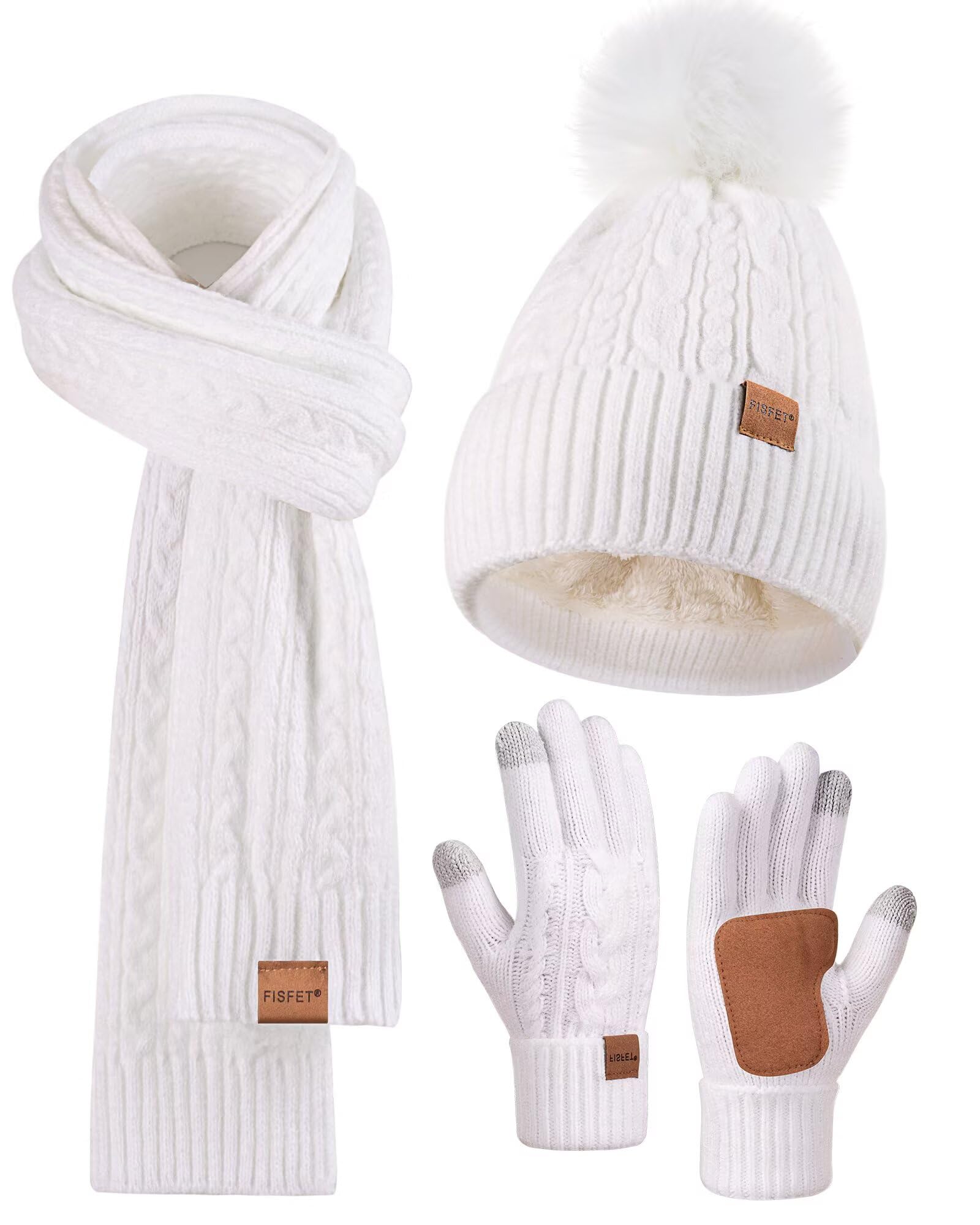 Winter Beanie Hat Scarf Gloves Set for Women, Pom Pom Beanie Fleece Lined Knit Neck Warmer Touchscreen Gloves 3 in 1 Gift Set